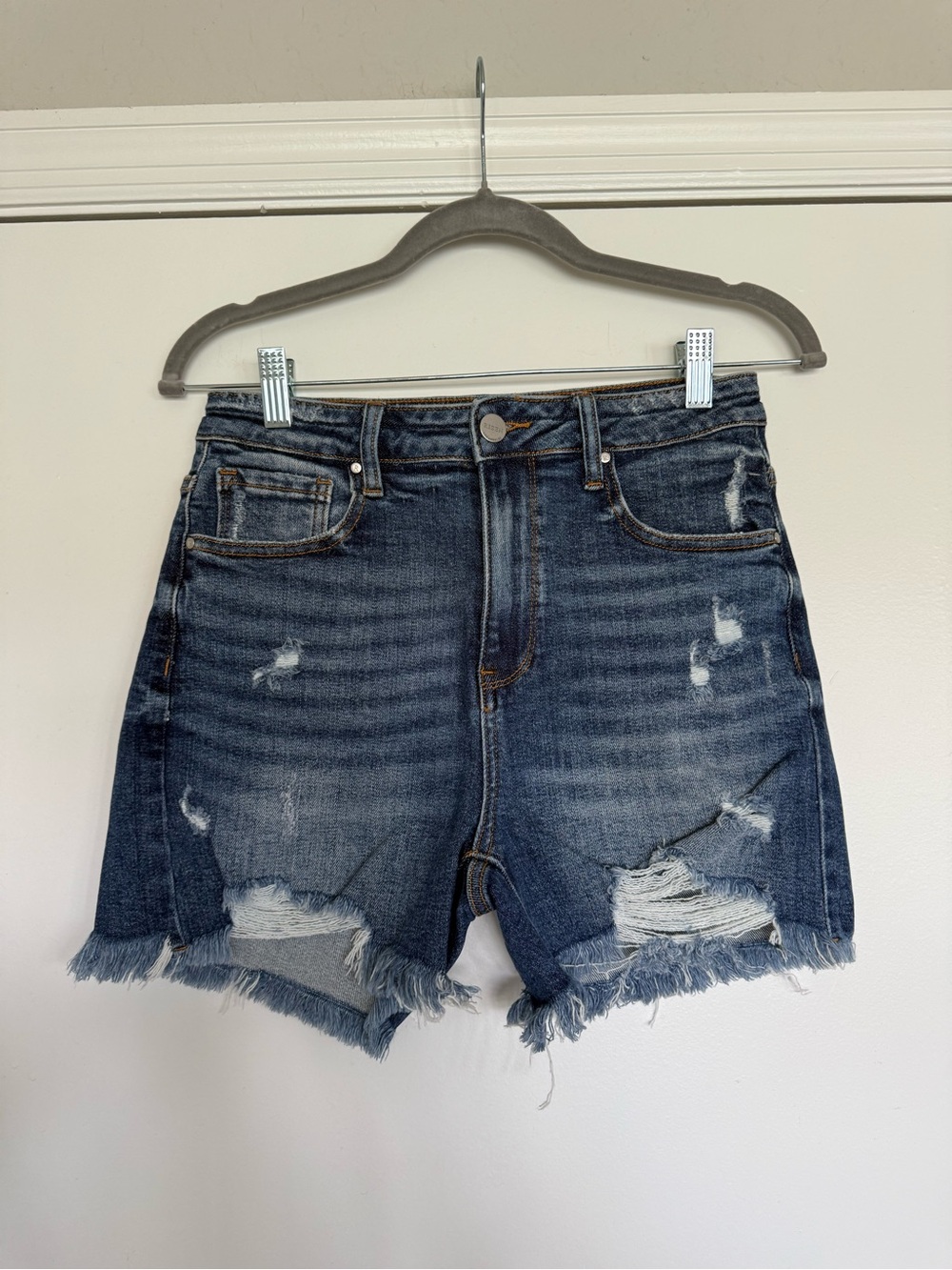 Risen High-Rise Distressed Denim Shorts - Dark Blue